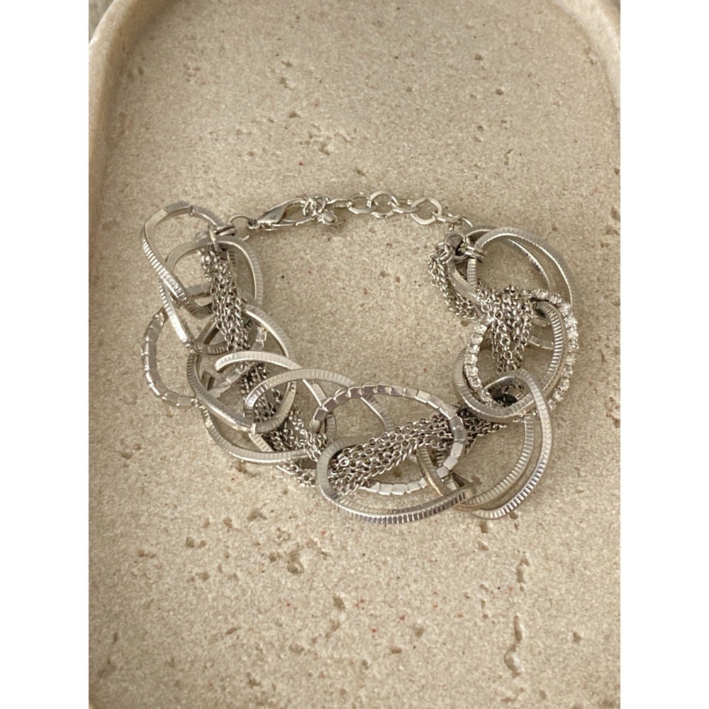 Silver‎ Tone Multi Hoop Chain Tassel Bracelet Textured Link Oval Rhinestone